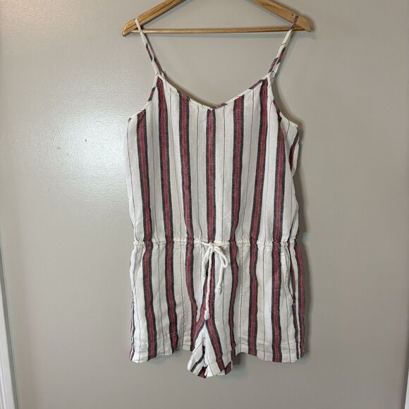 Lou & Grey 100% Linen Romper Sleeveless Shorts Cinch Waist Ivory Red Stripe Sz L - Picture 1 of 9